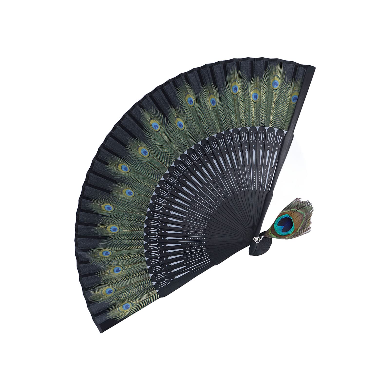 Abanico de Mano de Bambú Antiguo Plegable con Patrón de Pavo Real para Decoración de Pared