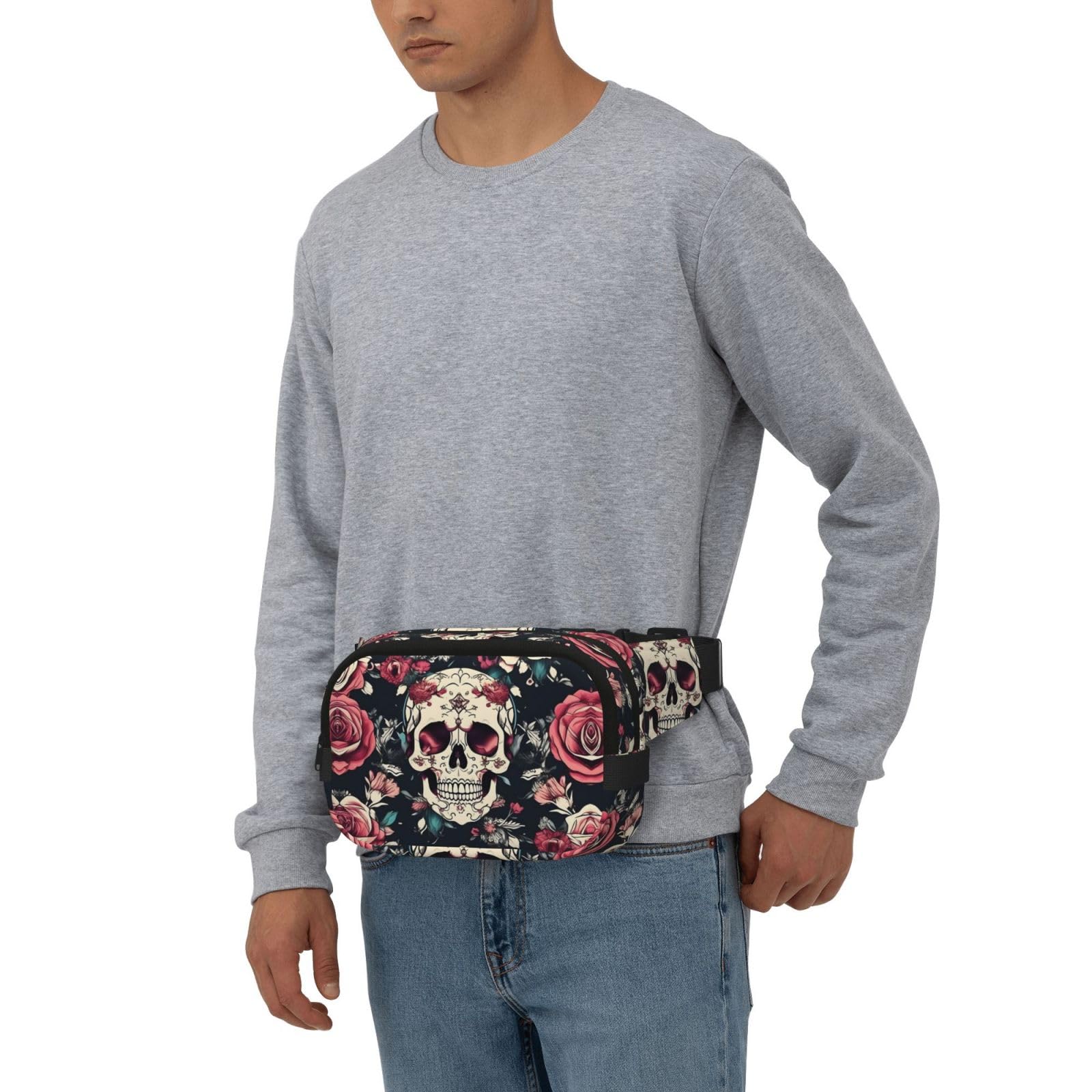 Kwiaty, czaszka, ozdobny, zamek błyskawiczny, saszetka, torby crossbody z regulowanym paskiem do joggingu, jazdy na rowerze, Czarny, Jeden rozmiar
