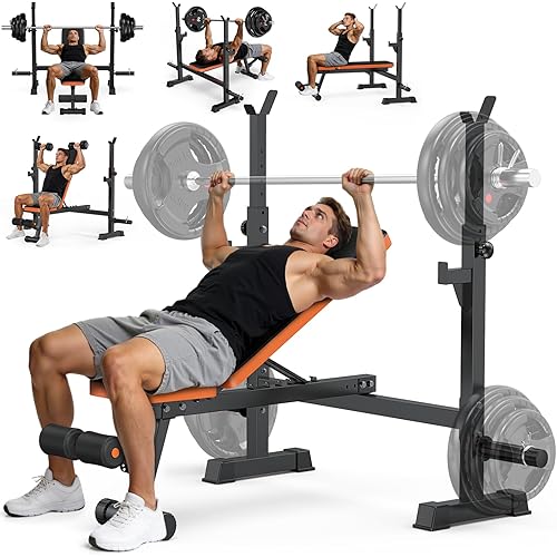 Fostoy Adjustable Weight Bench with Squat Rack, 770lbs Heavy Duty Olympic Bench Press for Home Gym, Multi-Function Flat Incline Workout Bench Family Strength Training With Removable Foot Catch