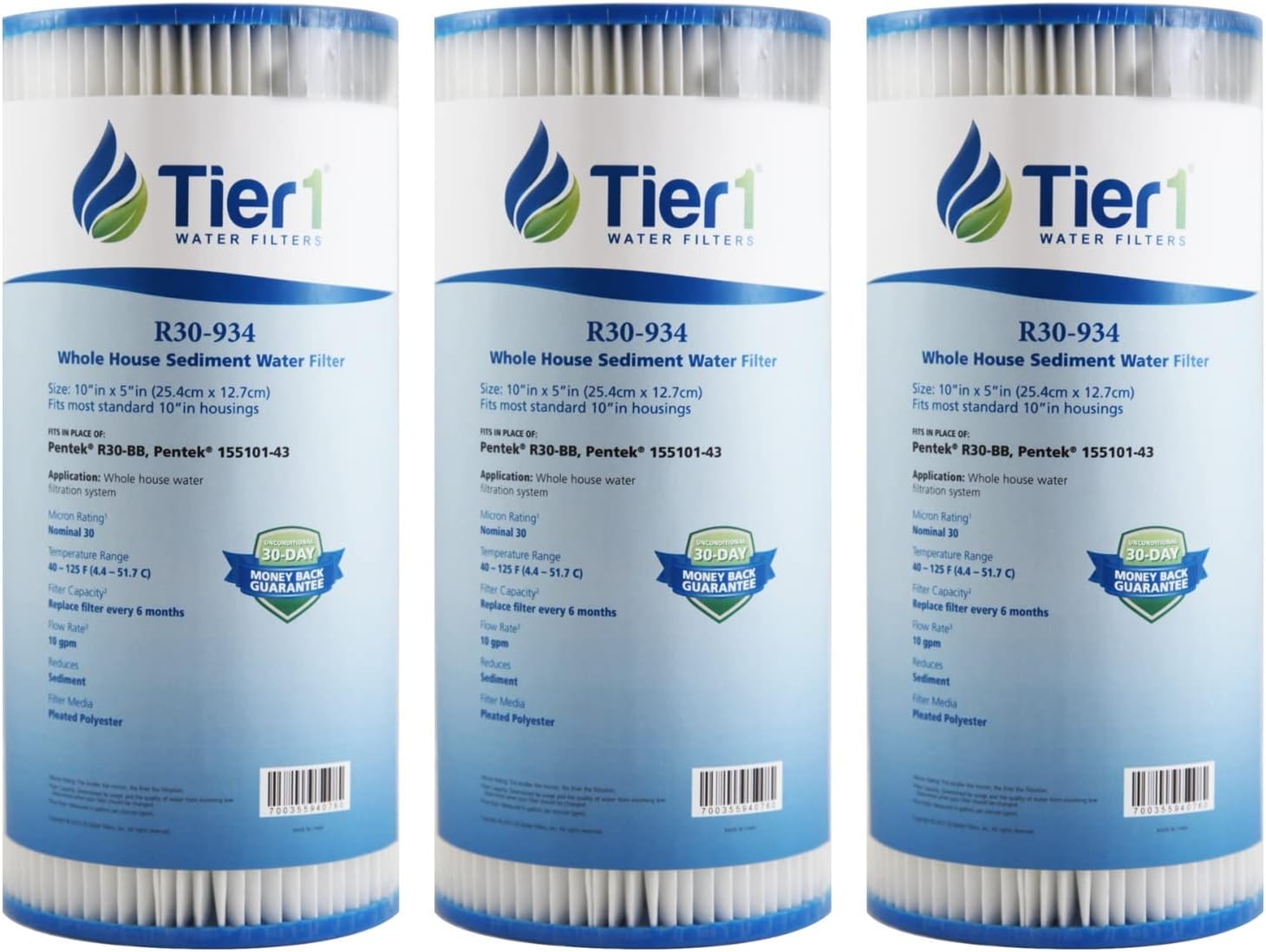 Tier1 30 Micron 10 Inch x 4.5 Inch | 3-Pack Pleated Polyester Whole House Sediment Water Filter Replacement Cartridge | Compatible with Pentek R30-BB, 155101-43, RS6, SPC-45-1030, Home Water Filter