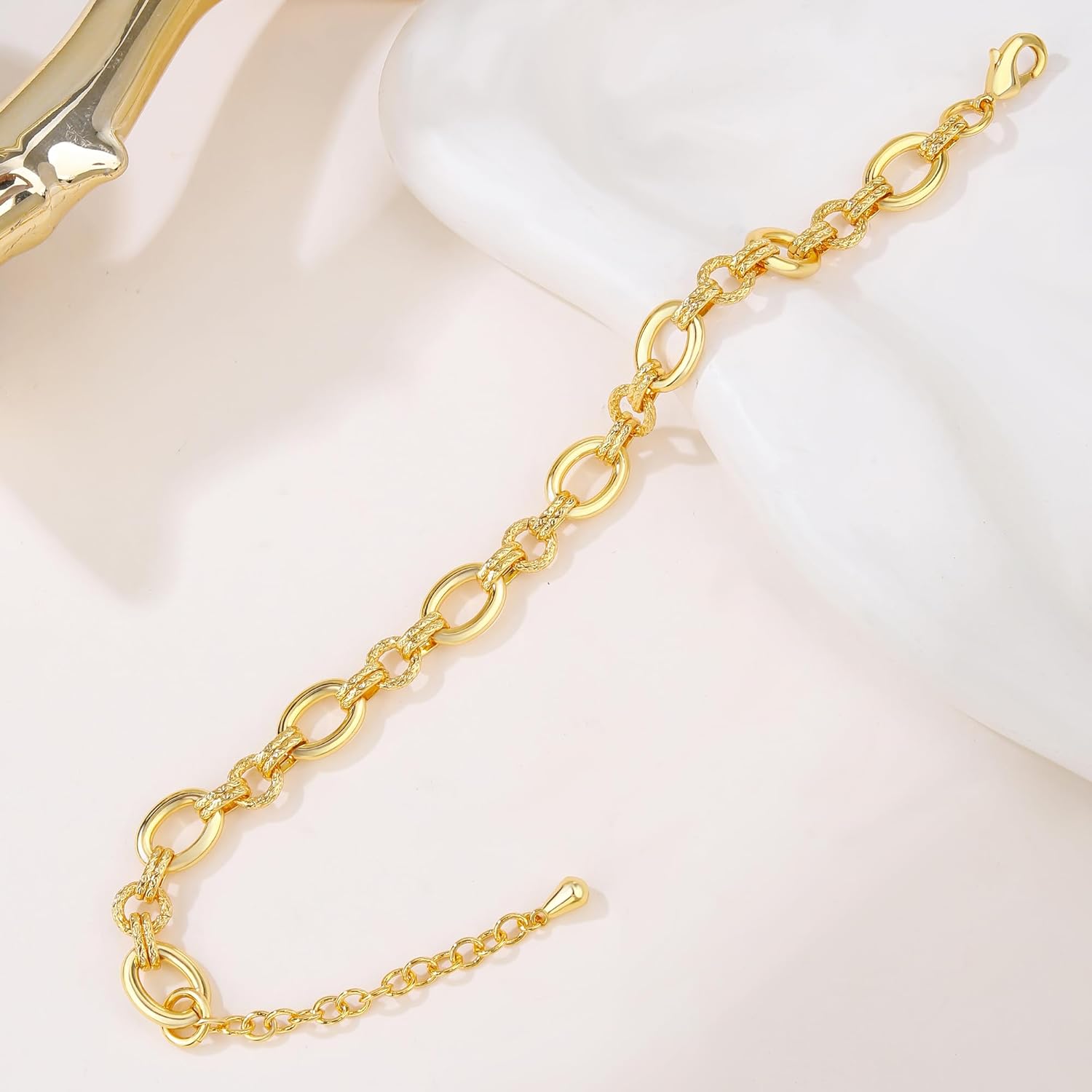 18K Gold-Plated Textured Link Buckle Women's Gold Bracelet | Exquisite Layered Women's Chain-Style Gold Bracelet - Image 5