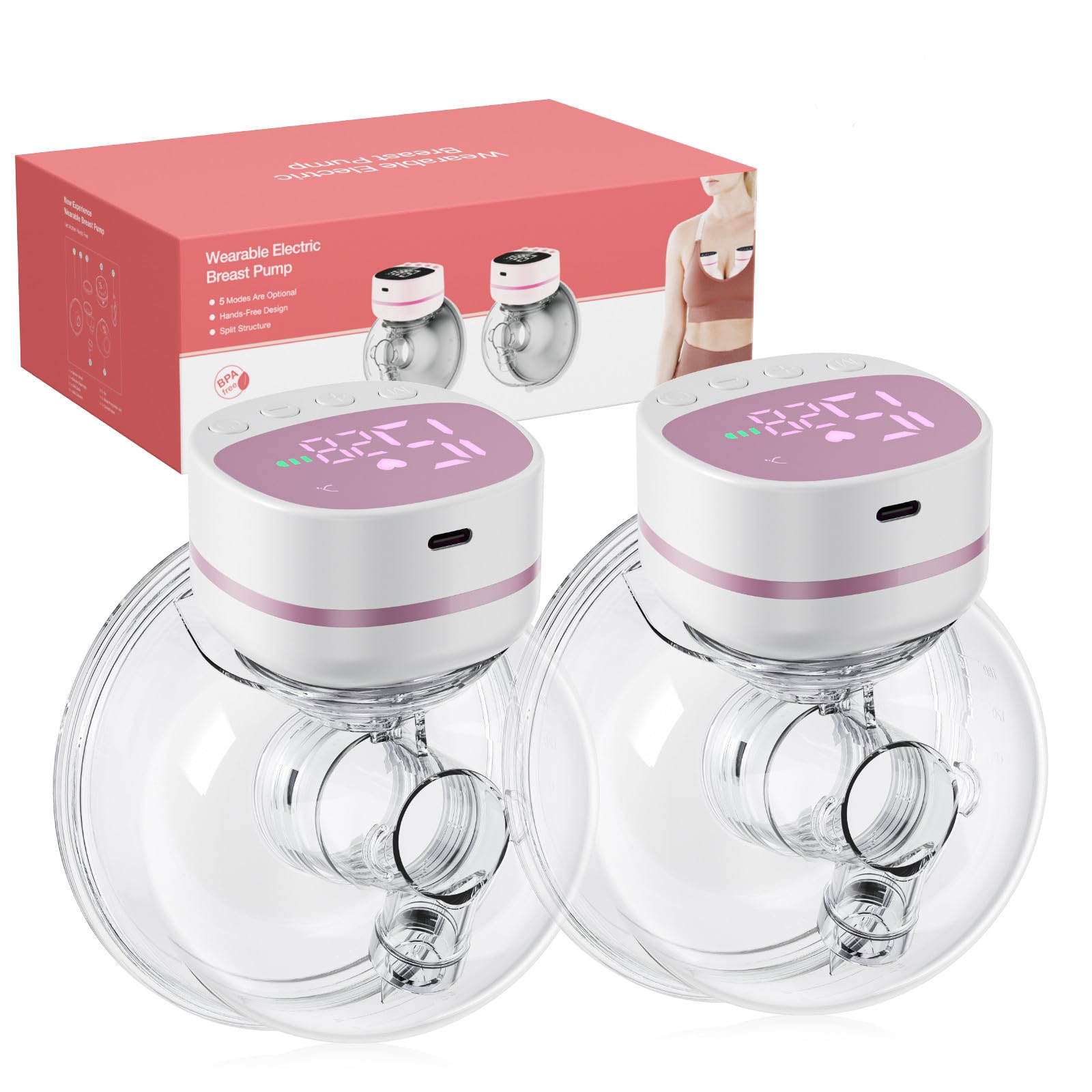 Set of 2 Wearable Breast Pumps Hands Free, Leak-Proof Electric Breast Pumps 5 Modes 15 Levels with LCD Dispaly