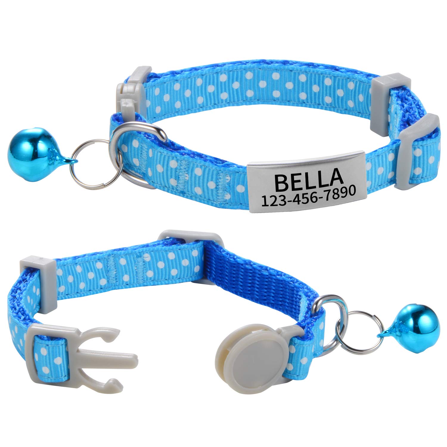 Custom Breakaway Cat Collars with Bell - Engraved Stainless Steel No Noise Slide-On Identification Tags On Collar - Up to 3 Lines of Personalized Text (Polka Dot Print)