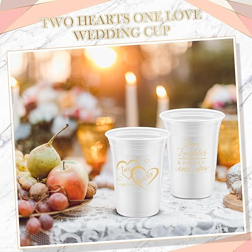Miniatura 4 de 100 vasos de plástico gruesos desechables para boda, 16 onzas, oro blanco, dos corazones, uno de amor, decoraciones para boda, recepción, despedida