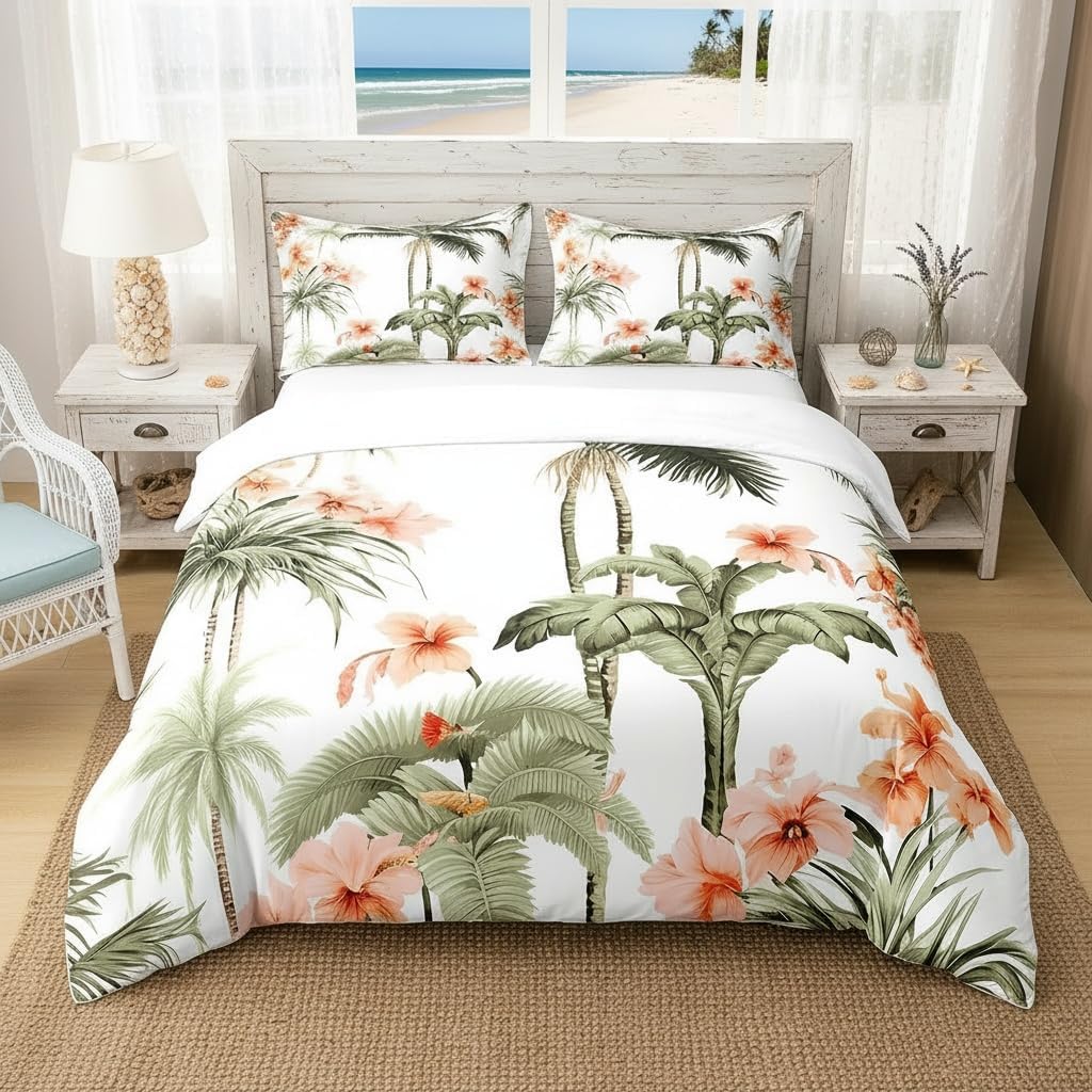 Queen Size 100% Cotton Palm Leaves Duvet Cover for Kids Tropical Coconut Tree Bedding Set Hawaii Style Comforter Cover Orange Flowers Plant Bedspread Cover Room Decor Bedclothes Zipper,No Comforter