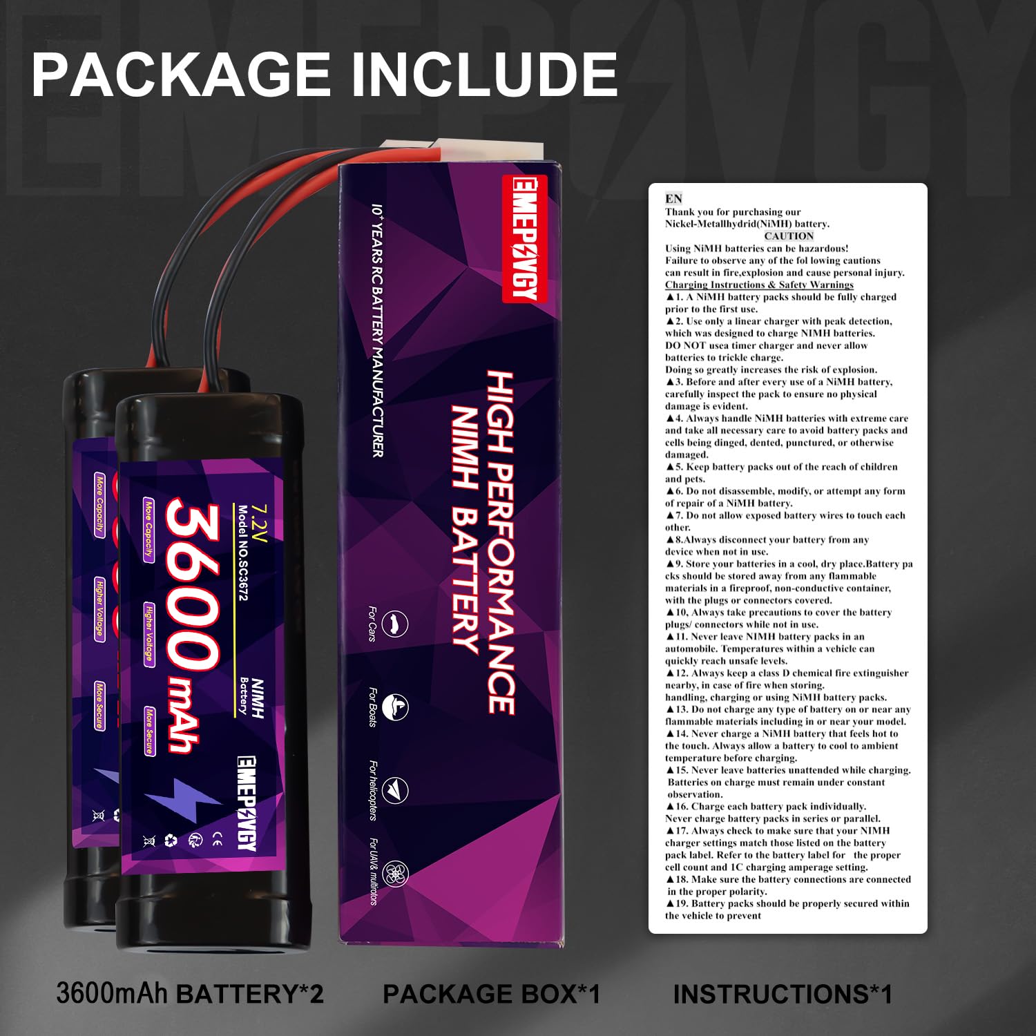 Batería recargable NiMH de 7.2 V RC de 3600 mAh de capacidad, batería plana de 6 celdas con enchufe TMY (2 paquetes)