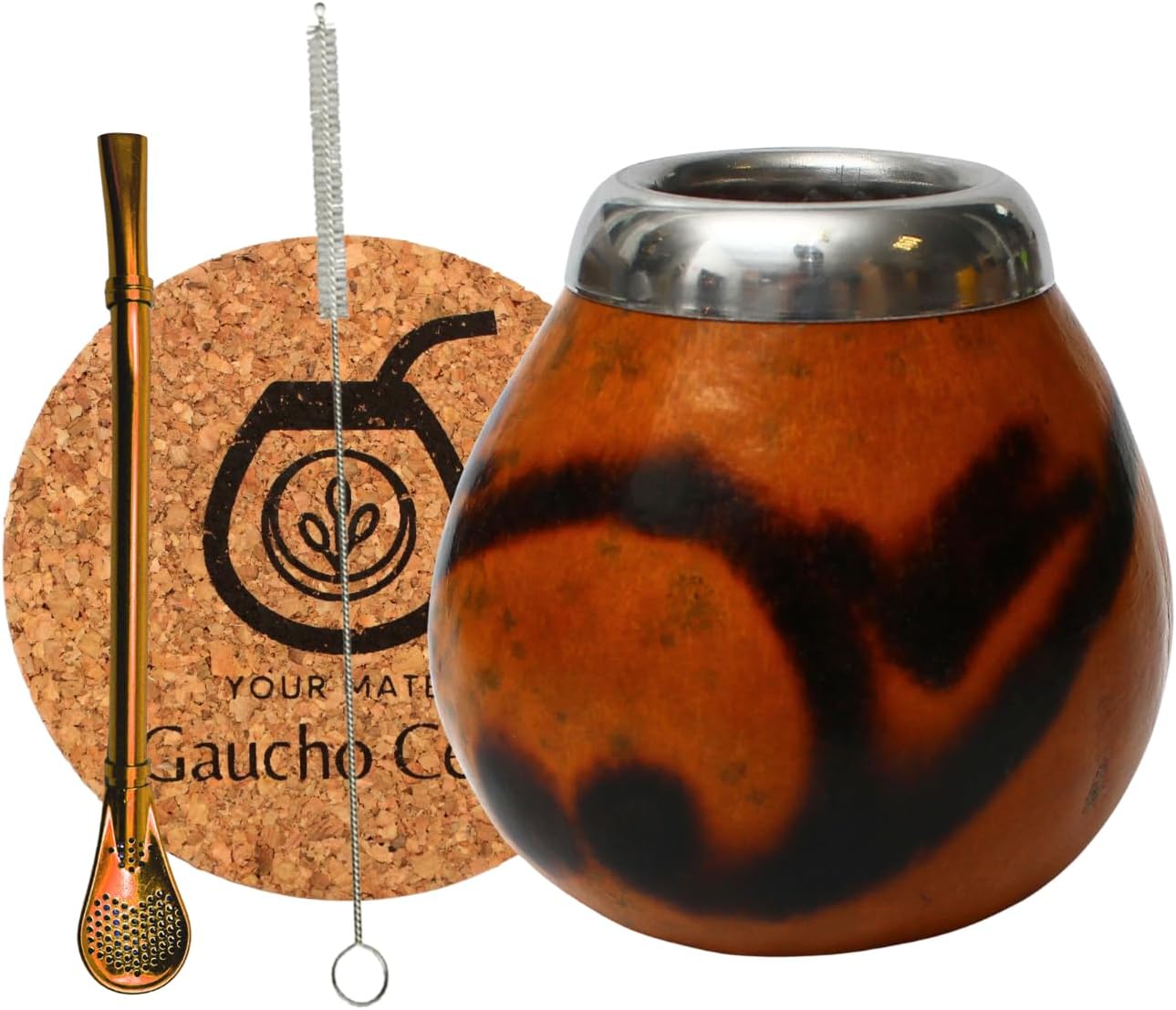 Natural Calabash Set for Yerba Mate Tea, Pumpkin Cup and Stainless Steel Straw Bombilla Straw, Accessories - Cork Pad and