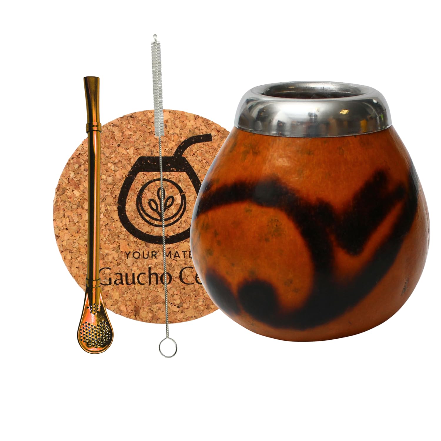 Zestaw naturalnych tykwi do herbaty Yerba Mate | kubek z dyni i słomki do picia ze stali nierdzewnej Bombilla Straw | Akcesoria - podkładka korkowa i [Natural]