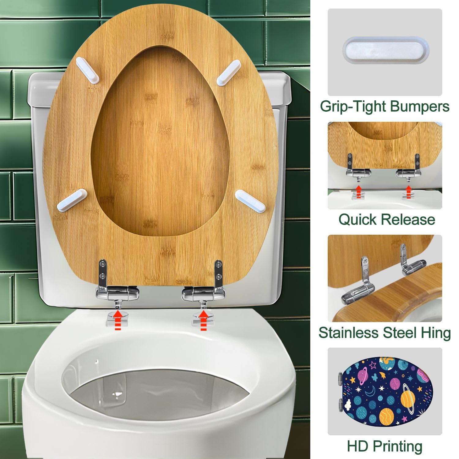 Copriwater decorativo allungato in legno con pianeti e stelle cosmiche luminose, texture senza cuciture, facile installazione, chiusura silenziosa, cerniere a sgancio rapido, decorazione per il bagno.