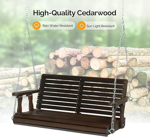 Miniatura 4 de VINGLI Columpio de madera mejorado para patio y jardín, silla columpio resistente de 880 libras con cadenas colgantes para exteriores (rústico, 4