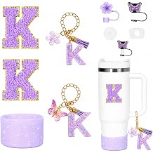 9Pcs Flower purple Stanley Cup Accessories Set Compatible with 30oz & 40oz Cups,Includes Straw Cover,Boot,Spill-Proof Stopper,2Pcs Handle Charm &2Pcs Initials Decorations Stickers Purple K