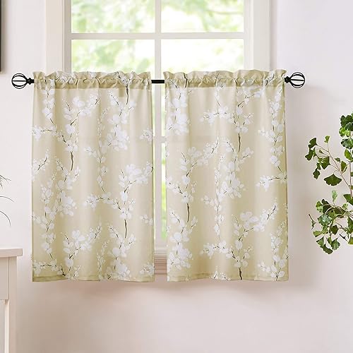 FMFUNCTEX Cortinas de cocina beige de 36 pulgadas de largo, estampado de flores blancas en lienzo, juegos de cortinas para ventanas pequeñas,