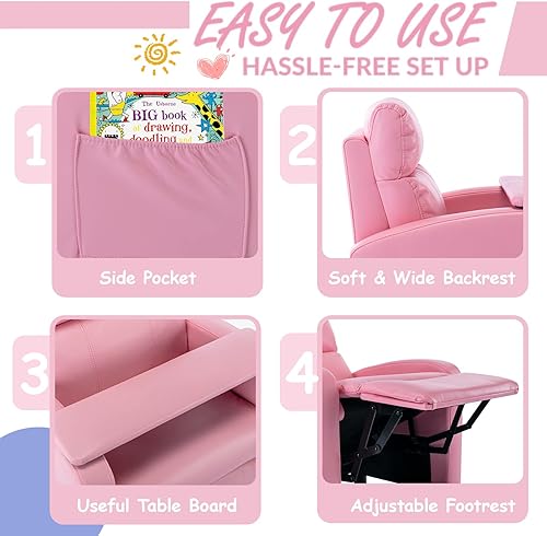 Miniatura 4 de chizzysit Silla reclinable para niños, muebles para niños con reposapiés, silla pequeña con bolsillo lateral y tabla de mesa para habitación de