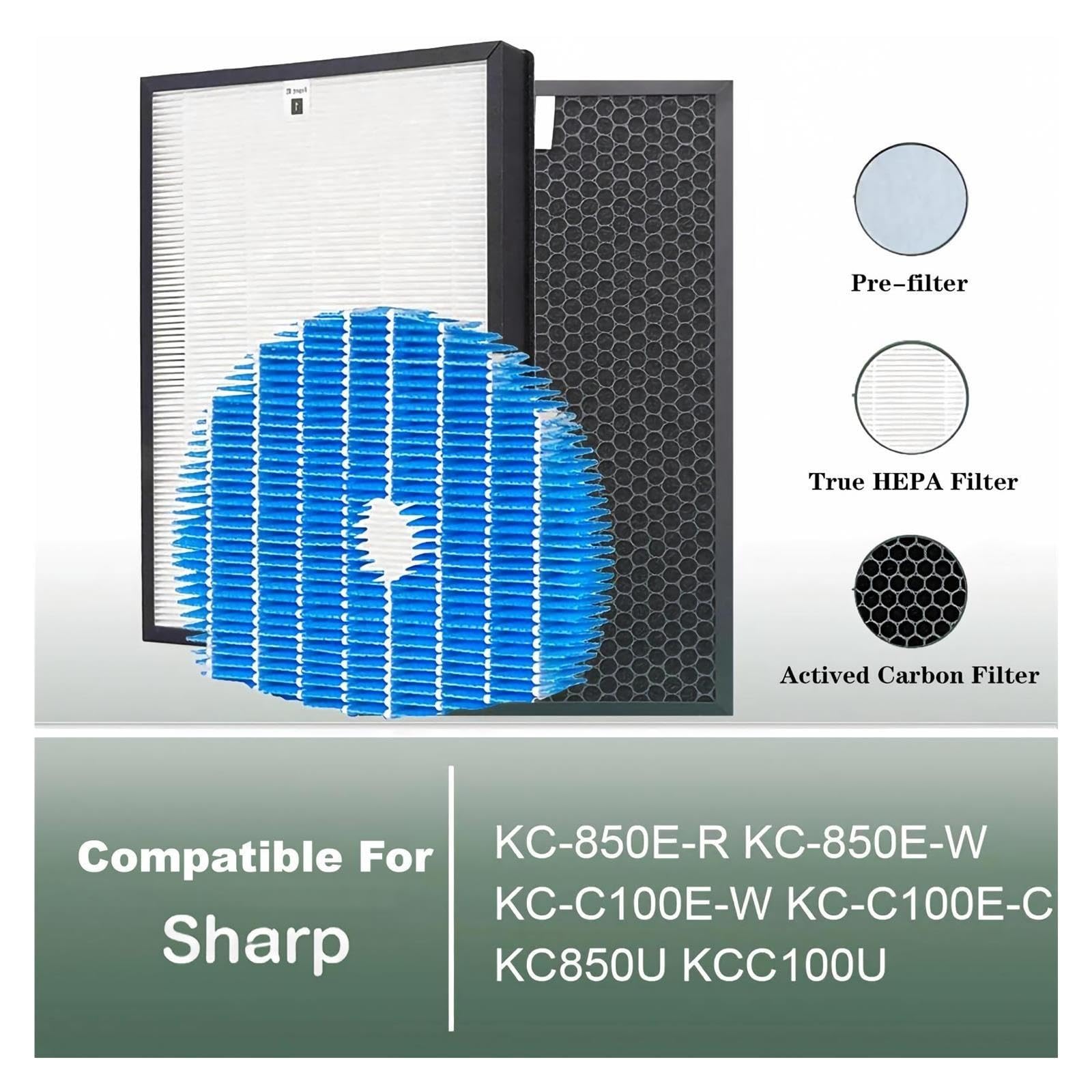 Filtro Humidificador De Carbono HEPA, For KC-850E KC-C100E KC-850U | Compatible con purificador de aire Sharp, alta eficiencia, bajo nivel de ruido y larga duración(KC850U)