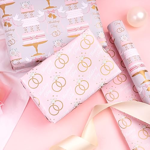Miniatura 7 de WRAPAHOLIC Rollo de papel reversible para envolver bodas, mini rollo, 17 pulgadas x 33 pies, diseño floral de pastel y anillo, perfecto para bodas,