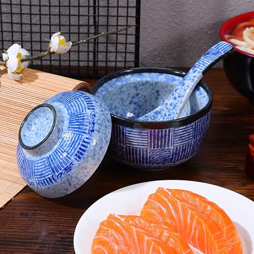 Miniatura 4 de Kichvoe Juego de cuencos de sopa japoneses – 1 juego de cuencos de cerámica para sopa Miso con tapa y cuchara para fideos y arroz Ramen, ideal para