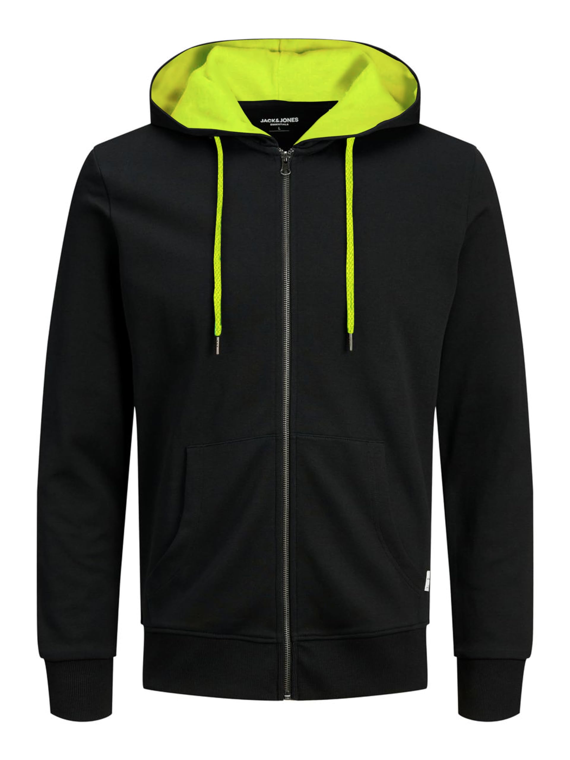 JACK & JONES Herren JJEBASIC Sweat Zip Hood, Black/Safety Yellow(NEON), XL