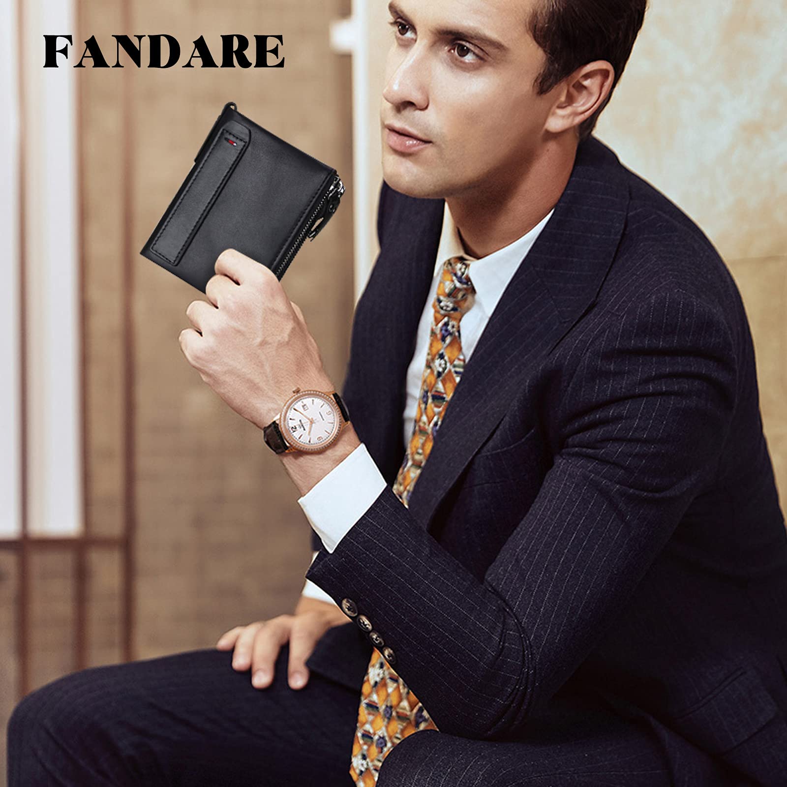 FANDARE Billetera con RFID Hombre Cartera para Mujer Estilo Plegable Monedero Billetera de Cuero con Bolsillo para Monedas y Crédito Tarjetas Ranuras para Identificación Tarjetas Crédito Negro