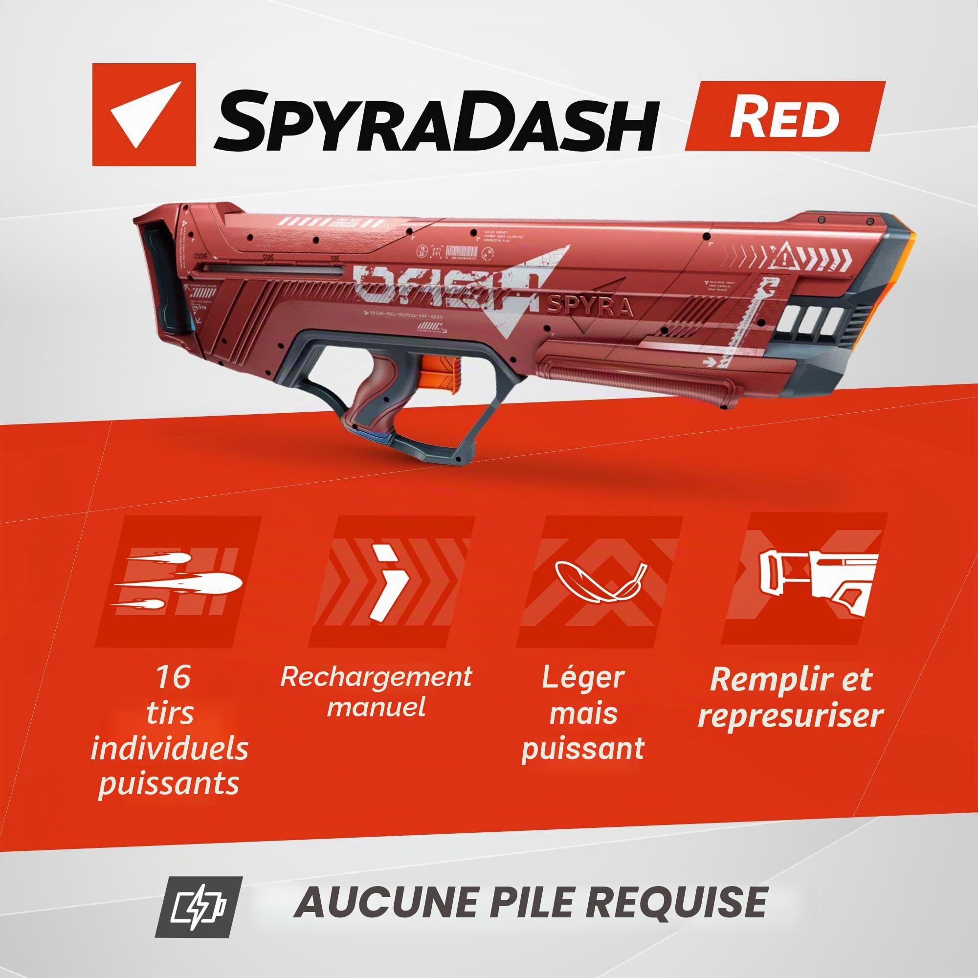 Spyra Dash Pistolet Eau Grande Porte extrmement Puissant avec mcanisme de Pompe Manuelle - Pas Besoin de Piles (Rouge)