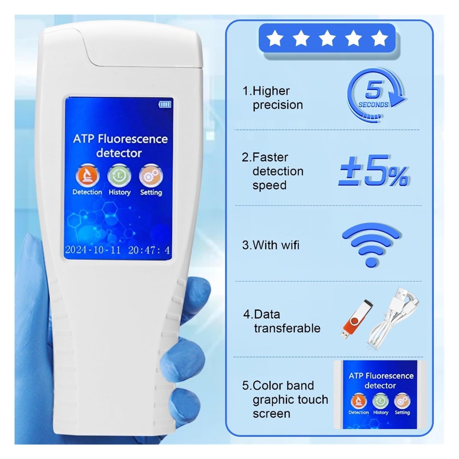 Probador de fluorescencia ATP portátil, probador de limpieza de superficies microbianas fluorescentes de mano recargable, Monitor de higiene alimentaria