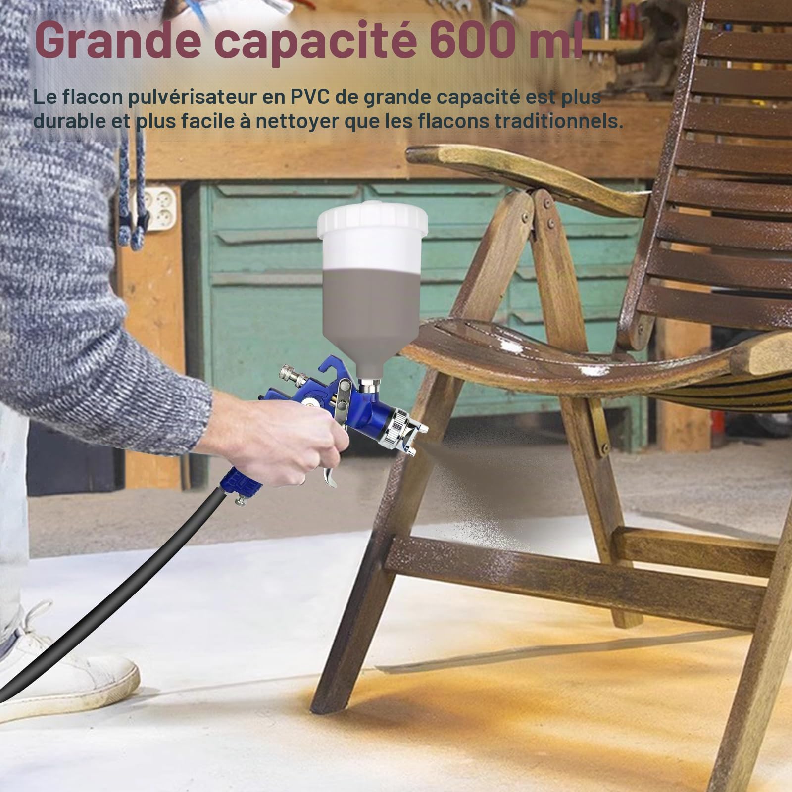 HVLP Pistolet à Peinture Professionnel Kit, 2 Pistolets Pulvérisateurs avec Buses 0.8mm et 1.4mm, Régulateur de Pression d'air, Gobelets 600ml et 125ml,Nettoyage, Coffret de Transport Bleu