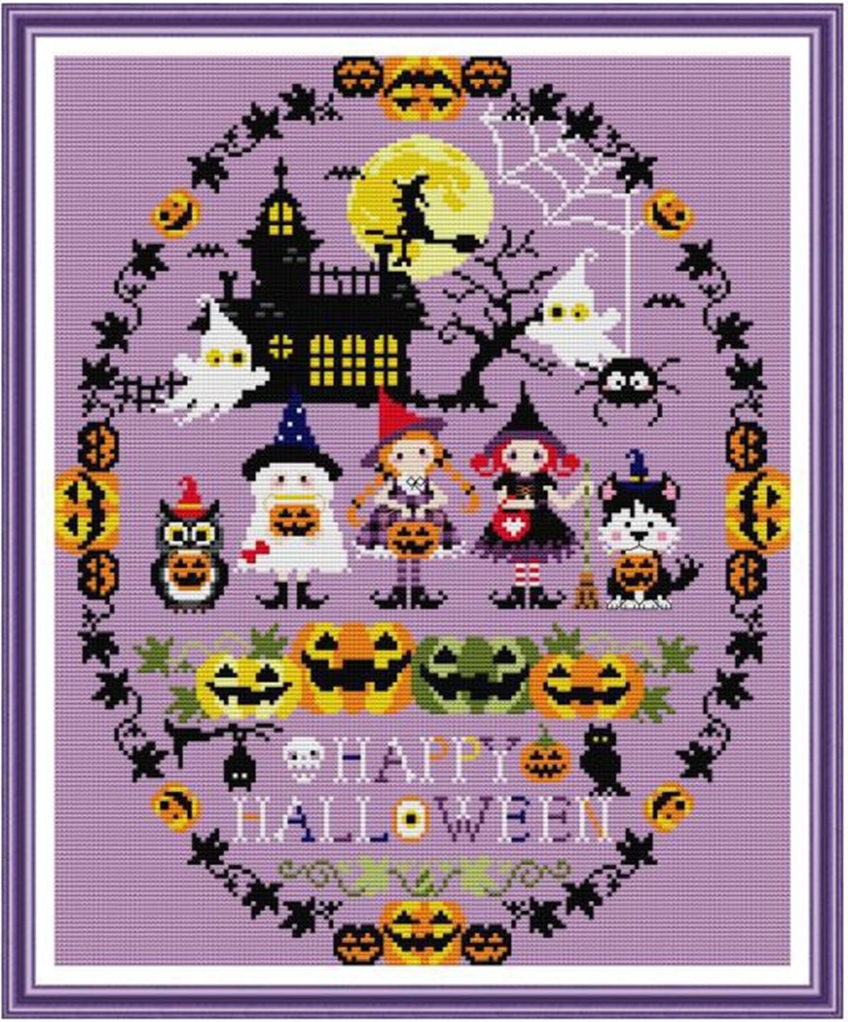 Rosyfoxes Cross Stitch Kits Stamped Full Range of Embroidery Starter Kits for Beginners DIY 11CT 3 Strands -Printed kit Happy Halloween (Printed) 18.1x22 inches