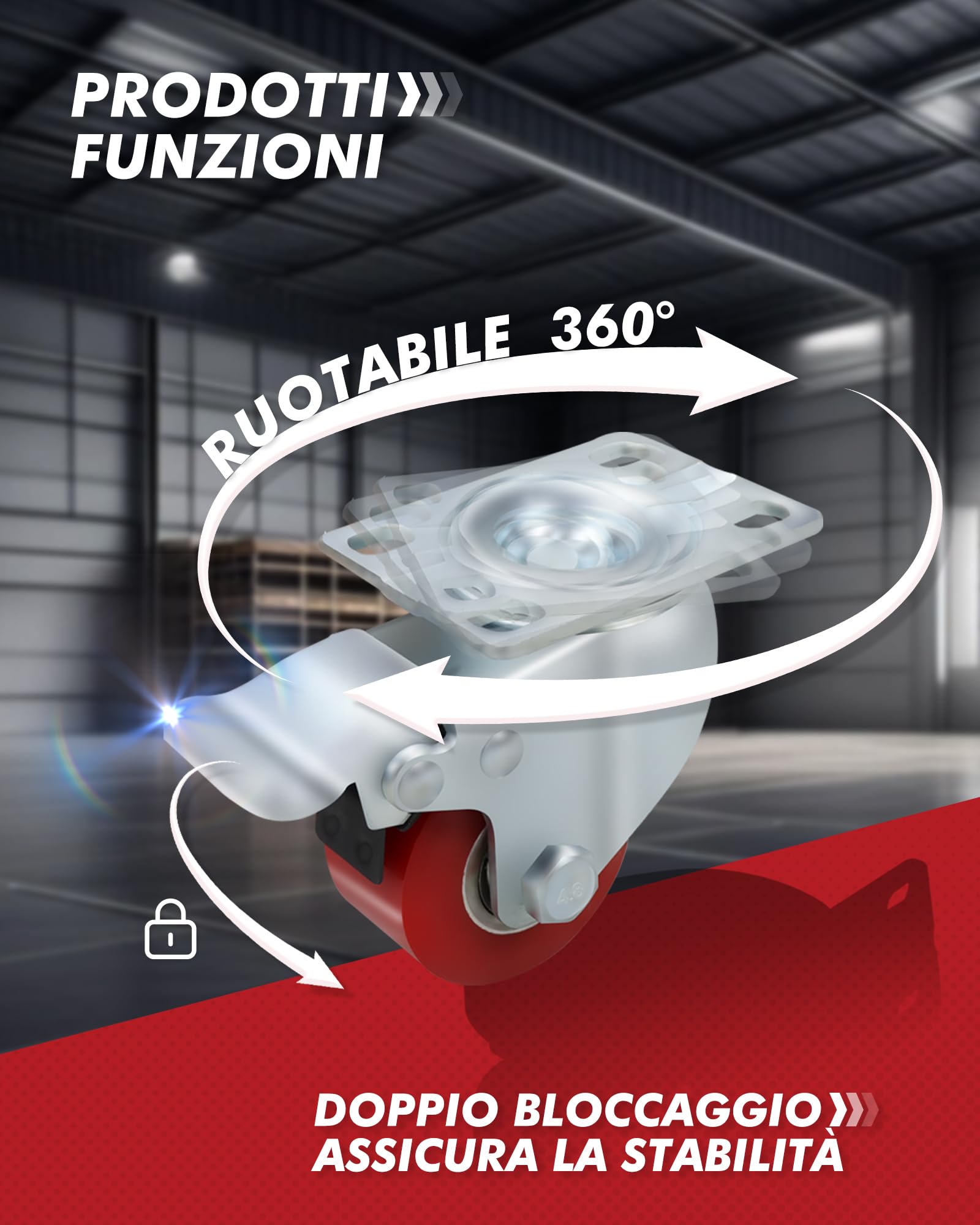 4 Ruote industriali da 50 mm, rotelle a carico pesante, 1000 kg, silenziose, in PU, con piastra, rotelle orientabili con freno, montanti in acciaio per trasporto di materiali, tram, banco da lavoro (2