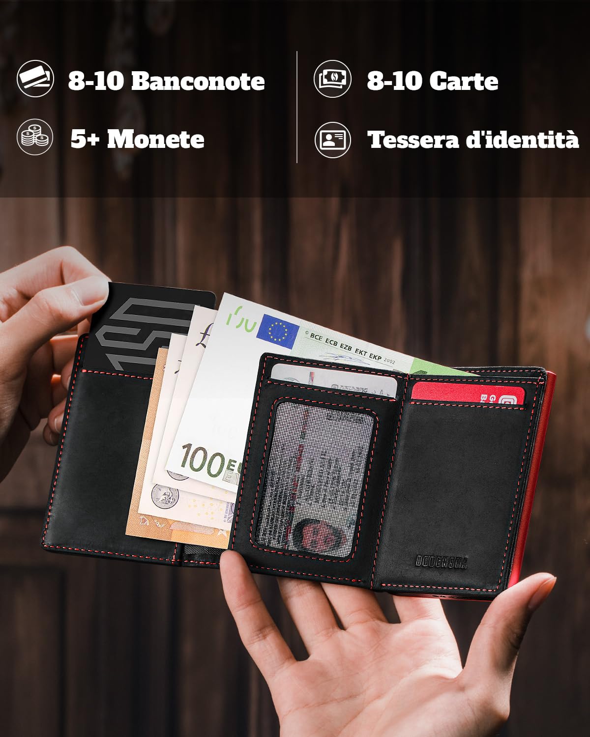 DODENSHA MagSnap Portafoglio da uomo sottile con scomparto per monete, portafogli da uomo per 10 carte di credito, chiusura magnetica, portamonete, protezione RFID (Nero/Rosso)
