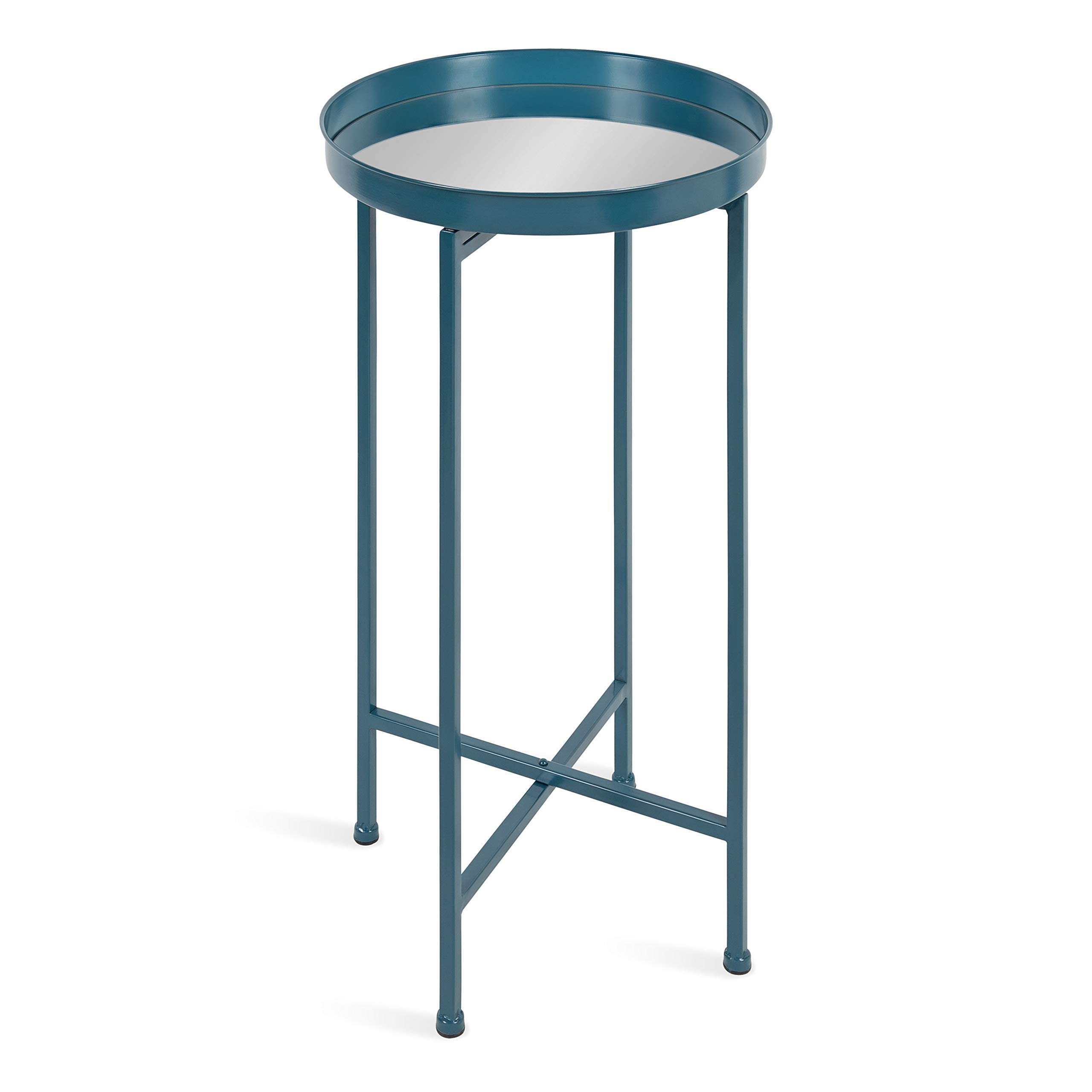 Kate and Laurel Celia Round Metal Foldable Accent Table with Mirror Tray Top, Teal