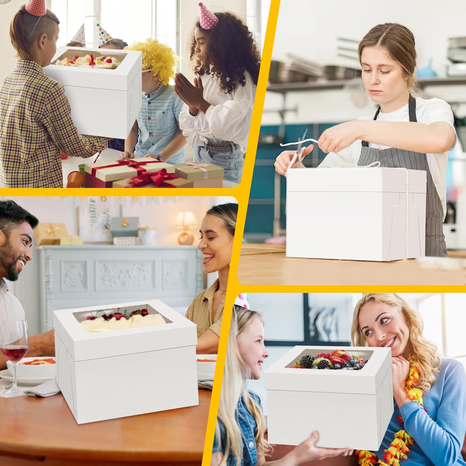 Caja de cartón para tartas de 30 x 30 x 20 cm, caja de transporte para tartas, caja blanca para tartas con ventana y 10 tablas redondas para tartas, 1 rollo de cinta de raso para tartas