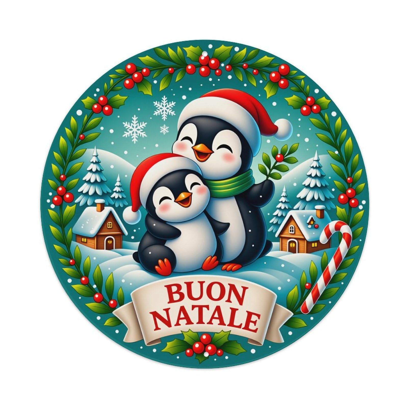 Penguin Christmas Holiday Scene Wreath Round Tin Sign Vintage Style Metal Sign Home Bar Garden Wall Plaque Decor Metal Poster 8x8 Inch