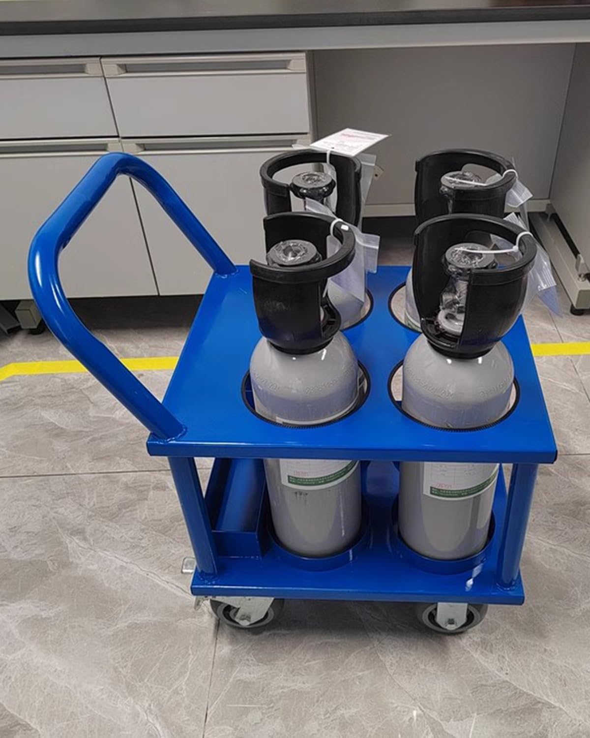 Wytrzymały wózek na butle z tlenem, 4 gniazda, średnica 16 cm, do transportu butli z gazem do szpitali, fabryk i laboratoriów, półka na butle z propan，Blue