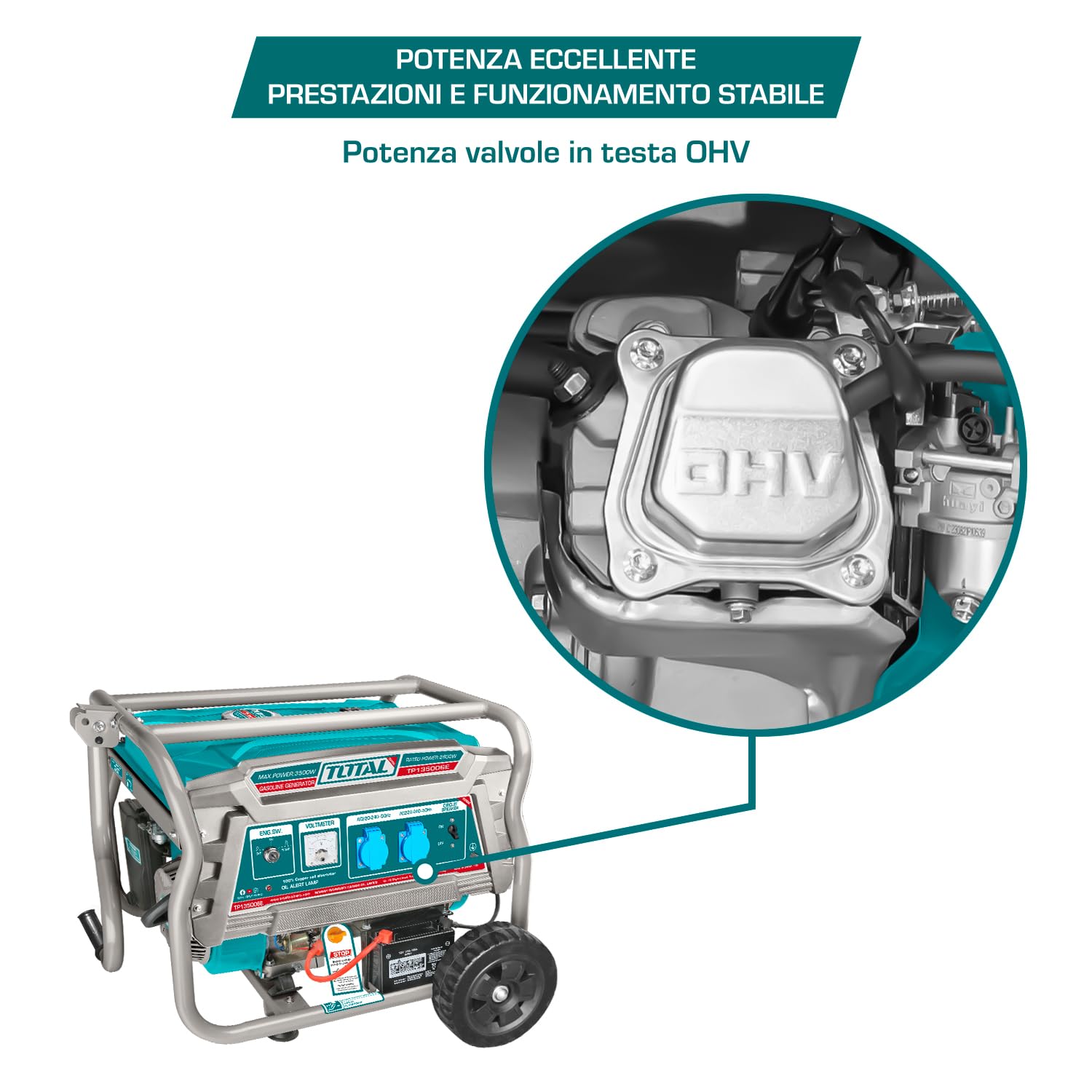 TOTAL - Generatore di Corrente Portatile 3500W a Benzina, Alternatore in Rame, Avviamento Elettrico e Manuale, Motore 4 Tempi OHV, Silenziato, Serbatoio 15L, Ruote e Impugnatura