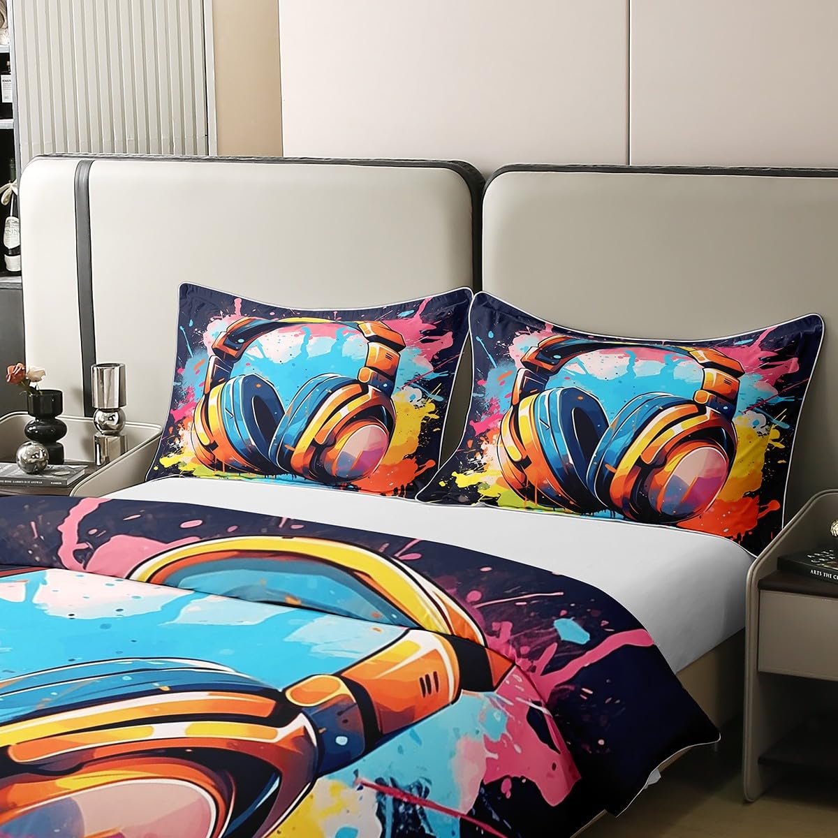 Homemissing Kids Headphones Duvet Cover 100% Cotton Hippie Graffiti Style Bedding Set Double for Boys Girls Street Culture Comforter Cover Set Grunge Art Bedspread Cover With 2 Pillow Case - Image 4
