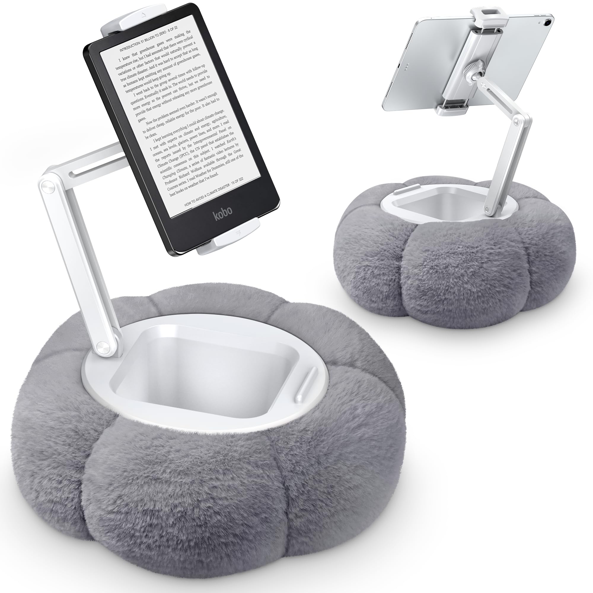 CreaDream Pumpkin - Supporto per cuscino da tablet per Kindle, regolabile, con ciotola per snack rimovibile, compatibile con tablet da 4,7"-13", iPad, iPhone, Samsung Tabs, grigio