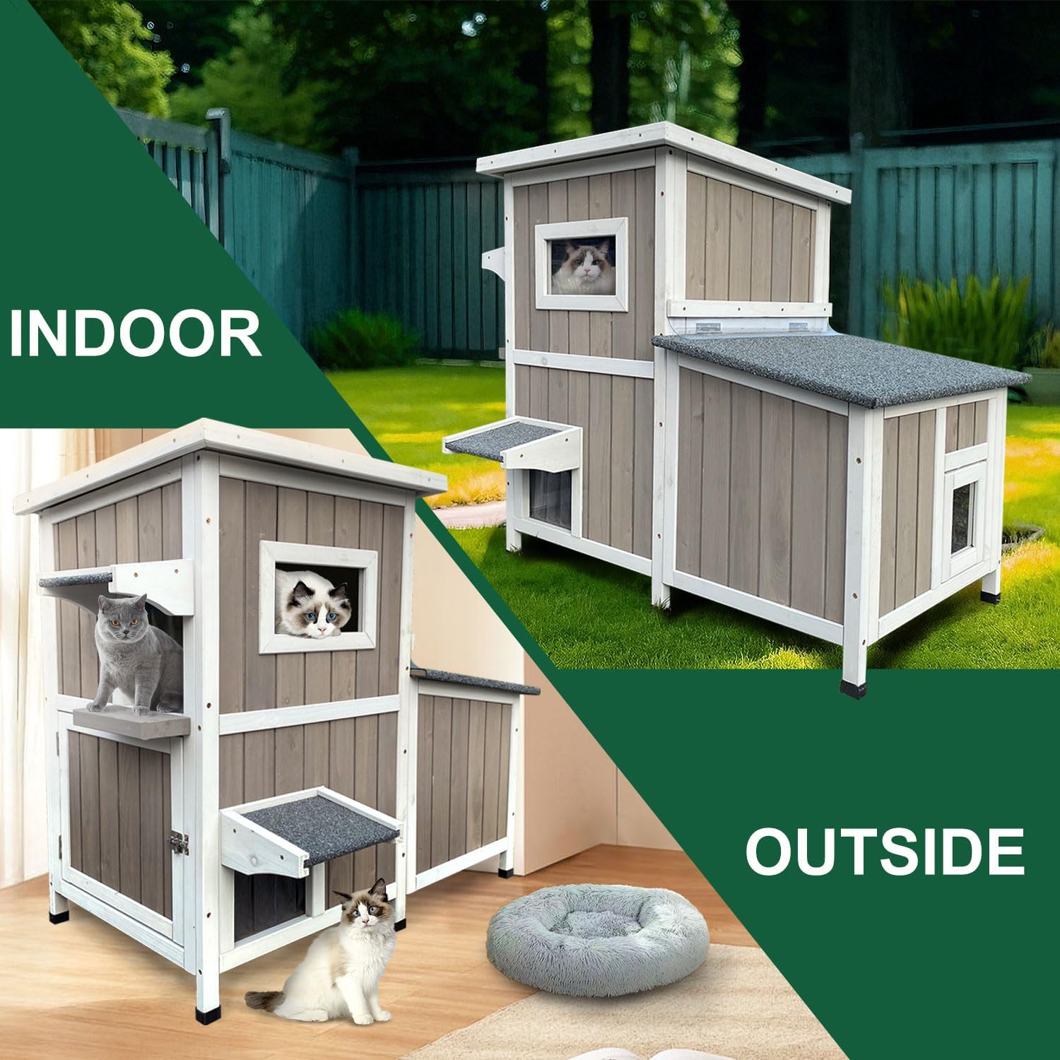 Outdoor Cat House Weatherproof, Two Story Wooden Feral Cat House Shelter with 3 Escape Door, Outside Cat Condo for Small Animals with Openable Asphalt Roof, Grey