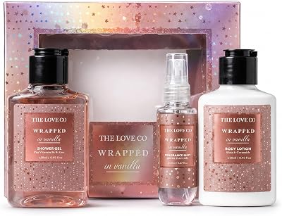 Love Co. Wrapped in Vanilla Bath and Body Gift Set for Women, Shower Gel, Body Lotion & Body Mist Combo, Vanilla Scented Self Care Kit, Hydrating & Nourishing Gift Hamper, Pack of 3