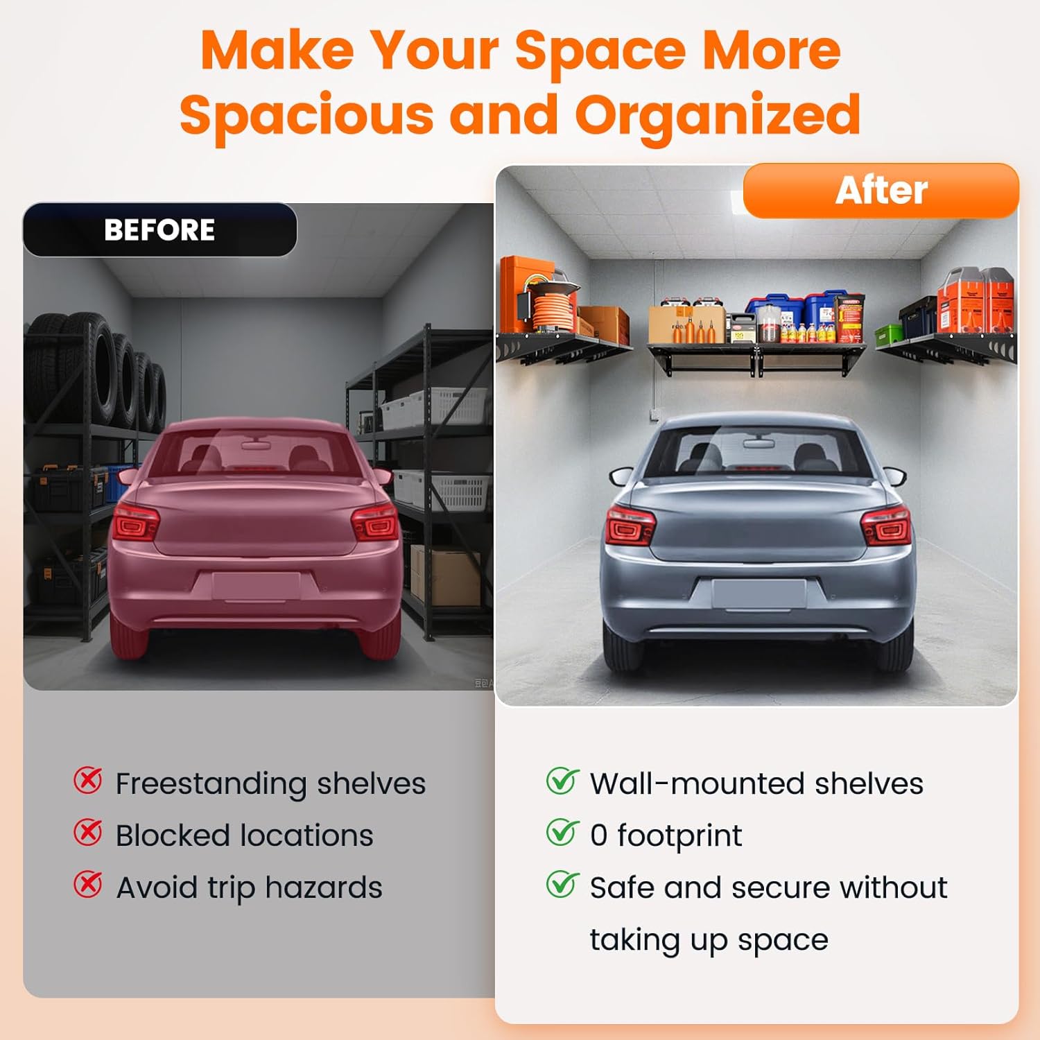 ENJOYWOOD Garage Shelving 2x2ft 4-Pack, Garage Storage Rack 24"x24" Metal Shelves Black Wall Mounted with rods & 4 Hooks, Heavy Duty Wall Shelving Floating Shelves, 880lbs Total load Capacity