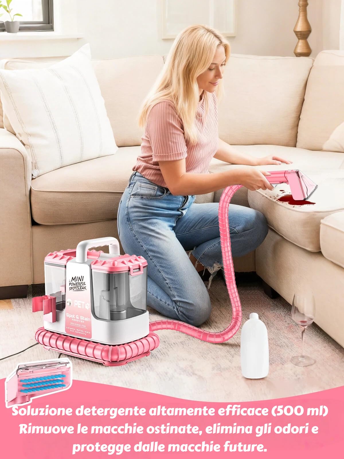 Lavatappeti Portatile, 600W Lava Tappezzeria per Tappeti, Doppio Serbatoio Acqua, Auto Pulizia, 16kPa Potente Aspirazione, per mobili imbottiti, per tappeti, auto, design leggero e compatto, Rosa