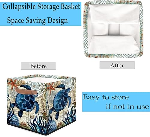 Miniatura 5 de Cesta de almacenamiento de tortuga marina vintage, caja de almacenamiento plegable de tela de 13 x 13 x 13 pulgadas, cubos cuadrados con asas para