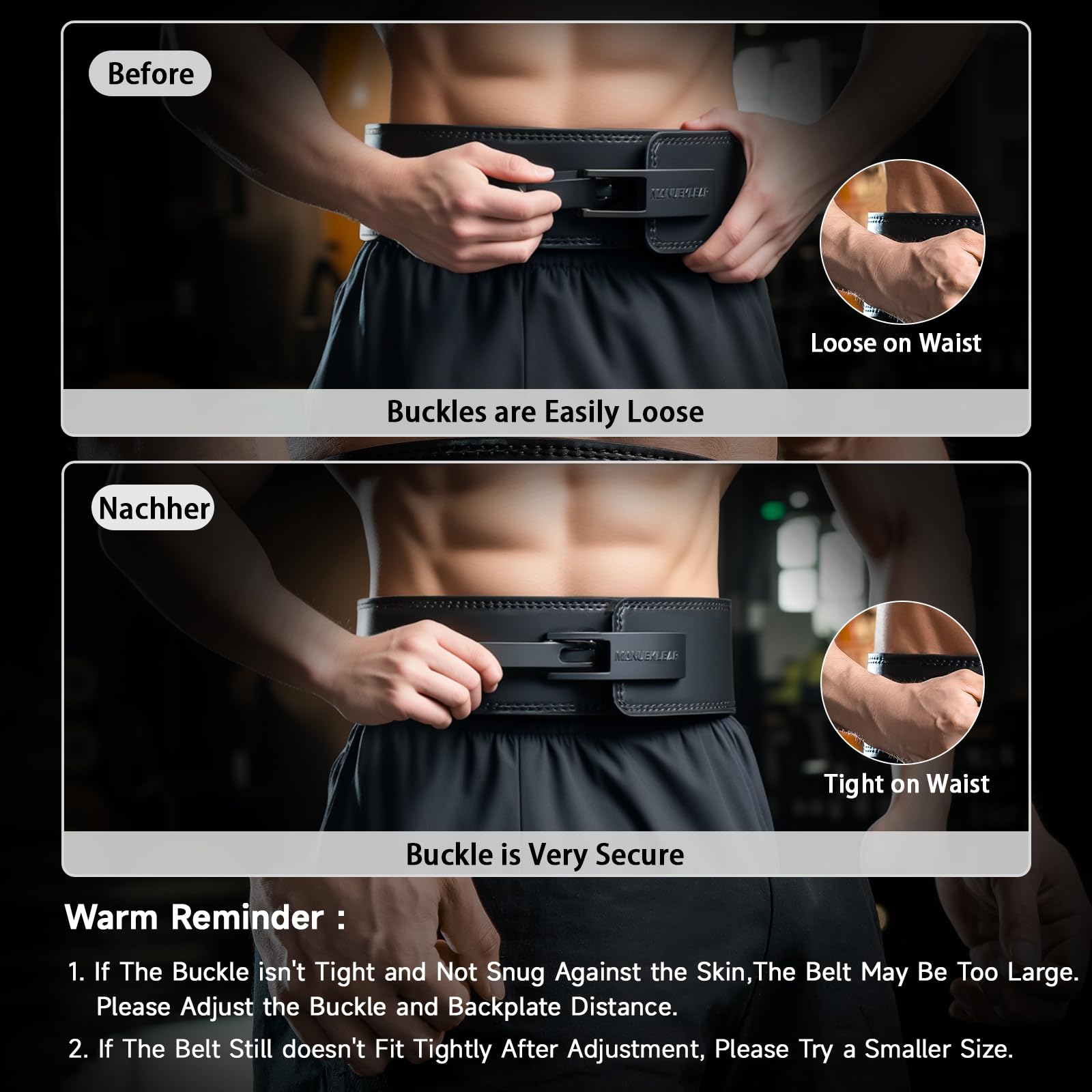 MANUEKLEAR - Cintura per sollevamento pesi, unisex, in pelle, spessore: 10 mm, per palestra, bodybuilding, sollevamento pesi, squat