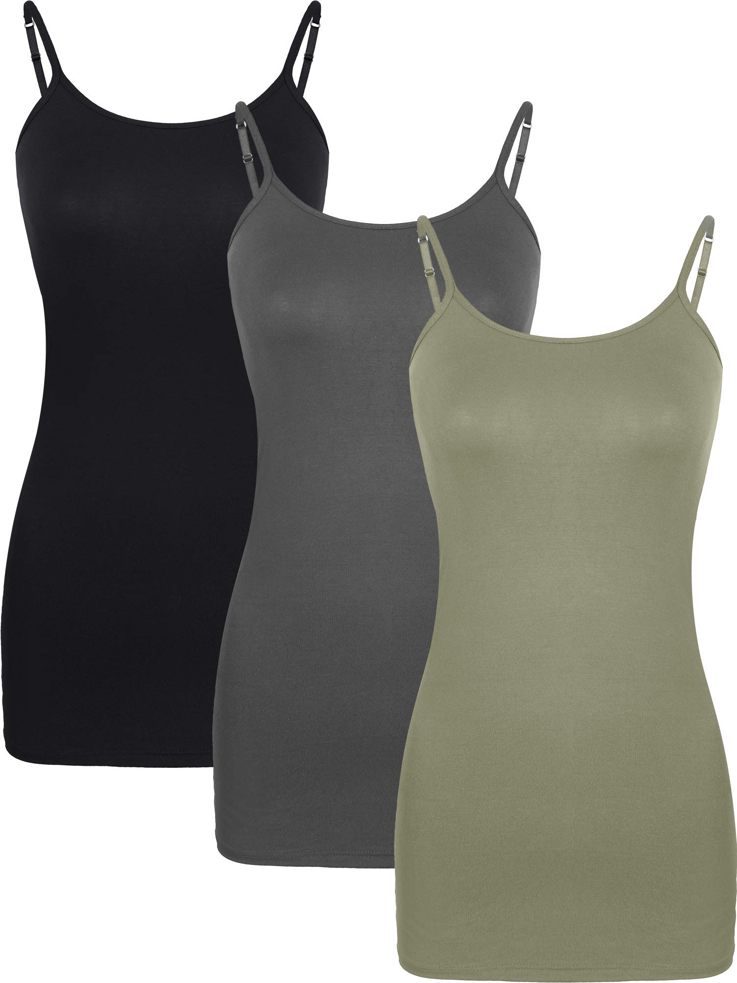 WILLBOND 3 Pieces Women Basic Long Tanks Adjustable Spaghetti Strap Camisole Top XX-Large Black