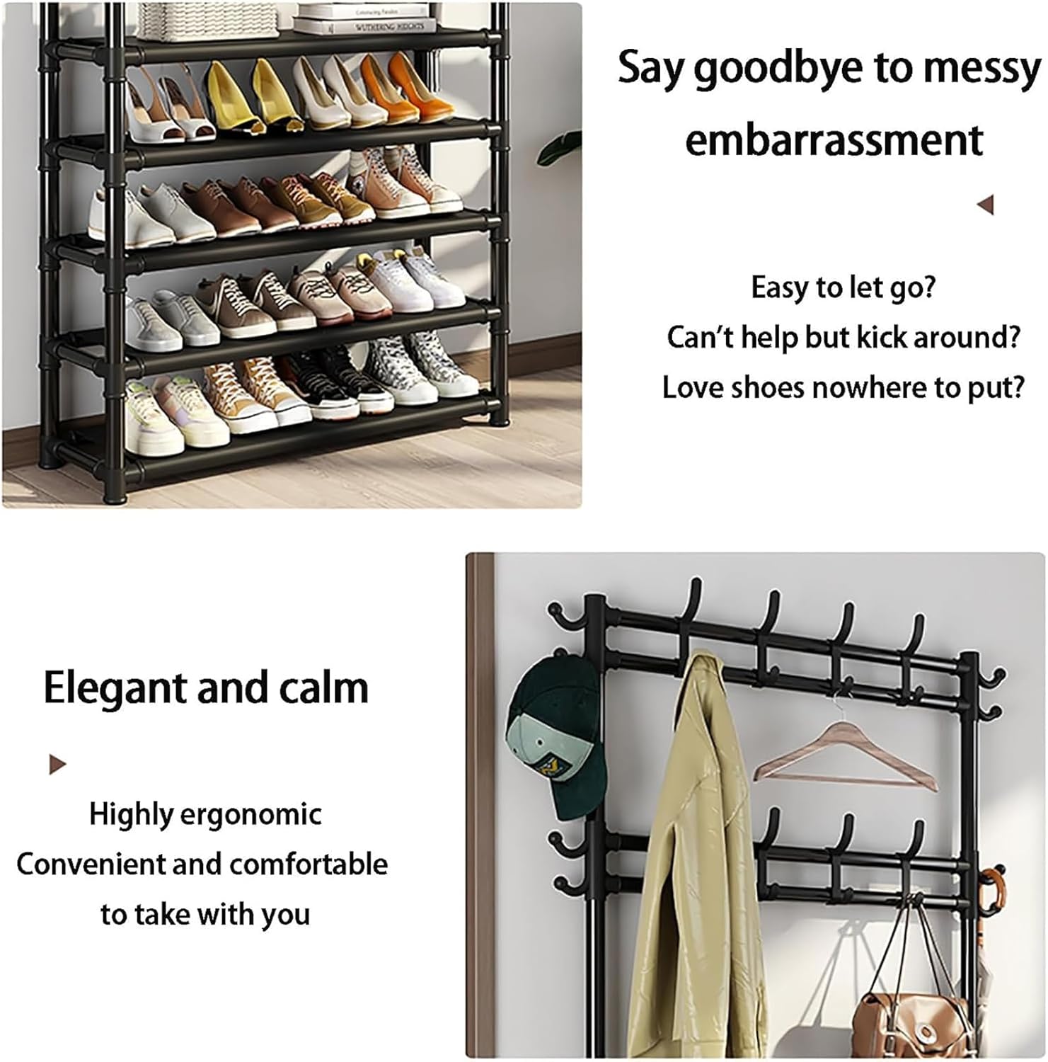 Floor-Standing Solid Wood Rotating Coat Rack，5-Tier Metal Coat & Shoe Rack Hall Tree with 16 Hooks & Umbrella Stand - Entryway Organizer for Clothes, Shoes, Hats & Bags - Space-Saving Storag