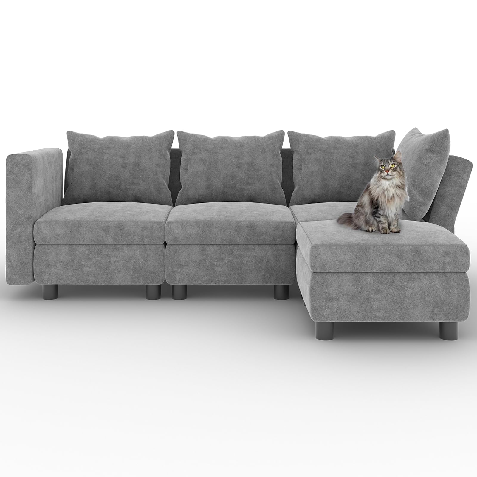 Flamaker Sofa with Storage, Corner Sofa with Upholstered Furniture, Modular Sofa with Angle-Adjustable Armrests and Backrests (4 Seats, Light Grey)