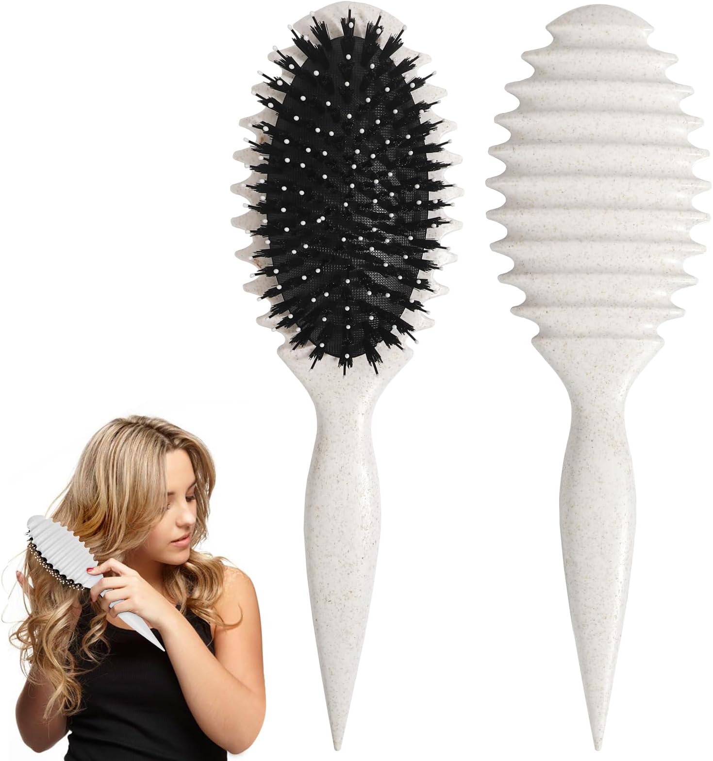 Curl Defining Brush, 2025 Boar Bristle Styling Curly Hair Brushes for Combing Shaping Men's and Women's Curls to Reduce Pulling(Beige)