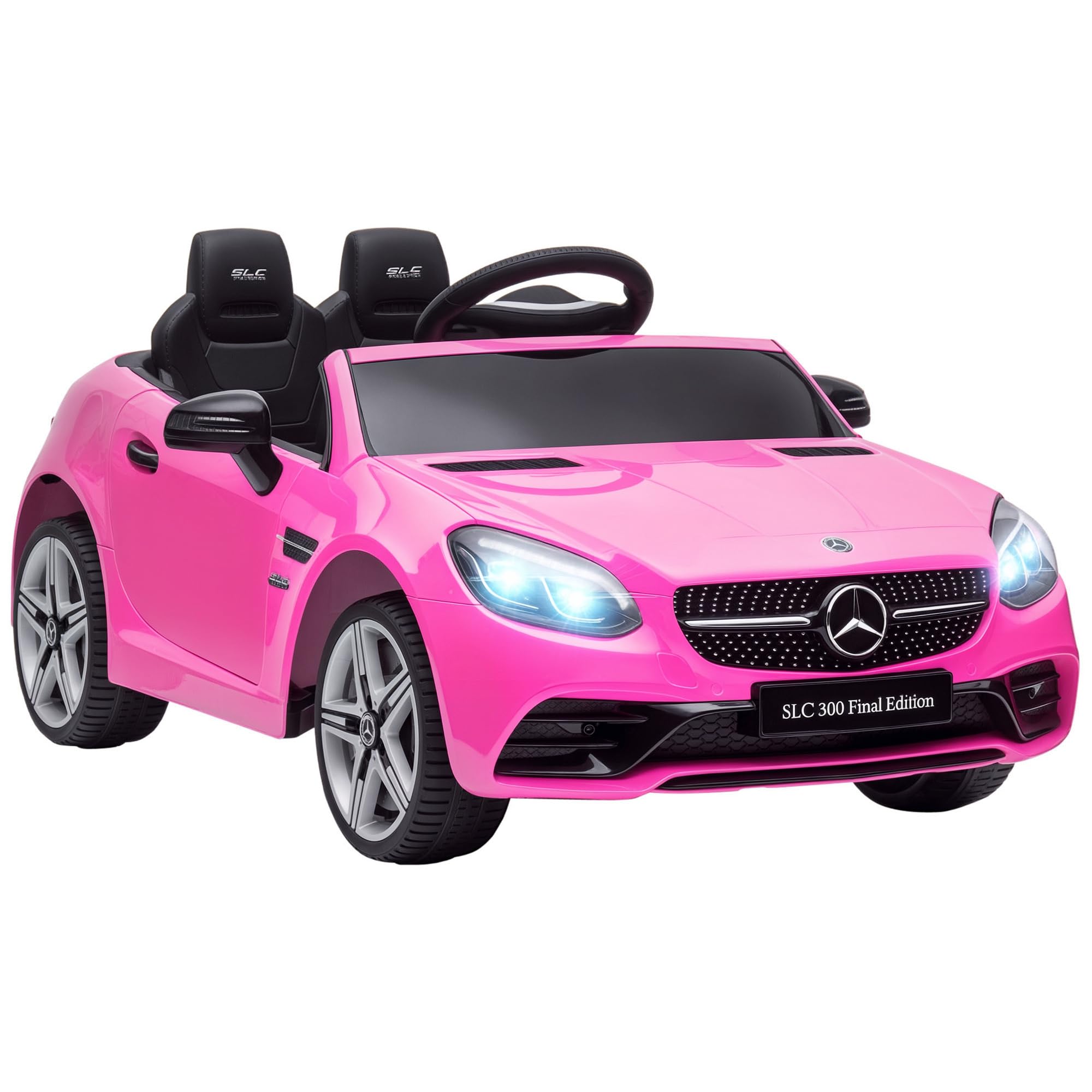 AIYAPLAY Coche Eléctrico para Niños de +​3 Años, Mercedes SLC 300, Coche Eléctrico 12V, con Mando a Distancia 2,​4 G, Ruedas Traseras con Suspensión, Faros LED, Música, USB, Motor Doble, Rosa