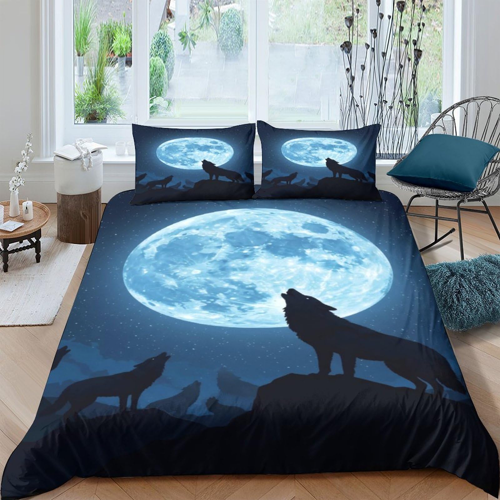 GPLZQXKJNH 3D Printed Wolf Moon Duvet Cover Microfiber Soft Breathable Forest Silhouette Bedding Set with 2 Pillowcases for Bedroom Decor Single（135x200cm）