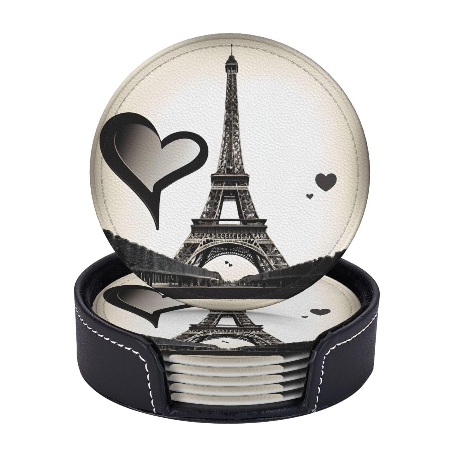 Coasters Set of 6 Microfiber PU leather Coasters with Holders for Drinks Coffee Bar Accessories, House Apartment Coffee Table Decor, Housewarming Gifts - Eiffel Tower Love Paris