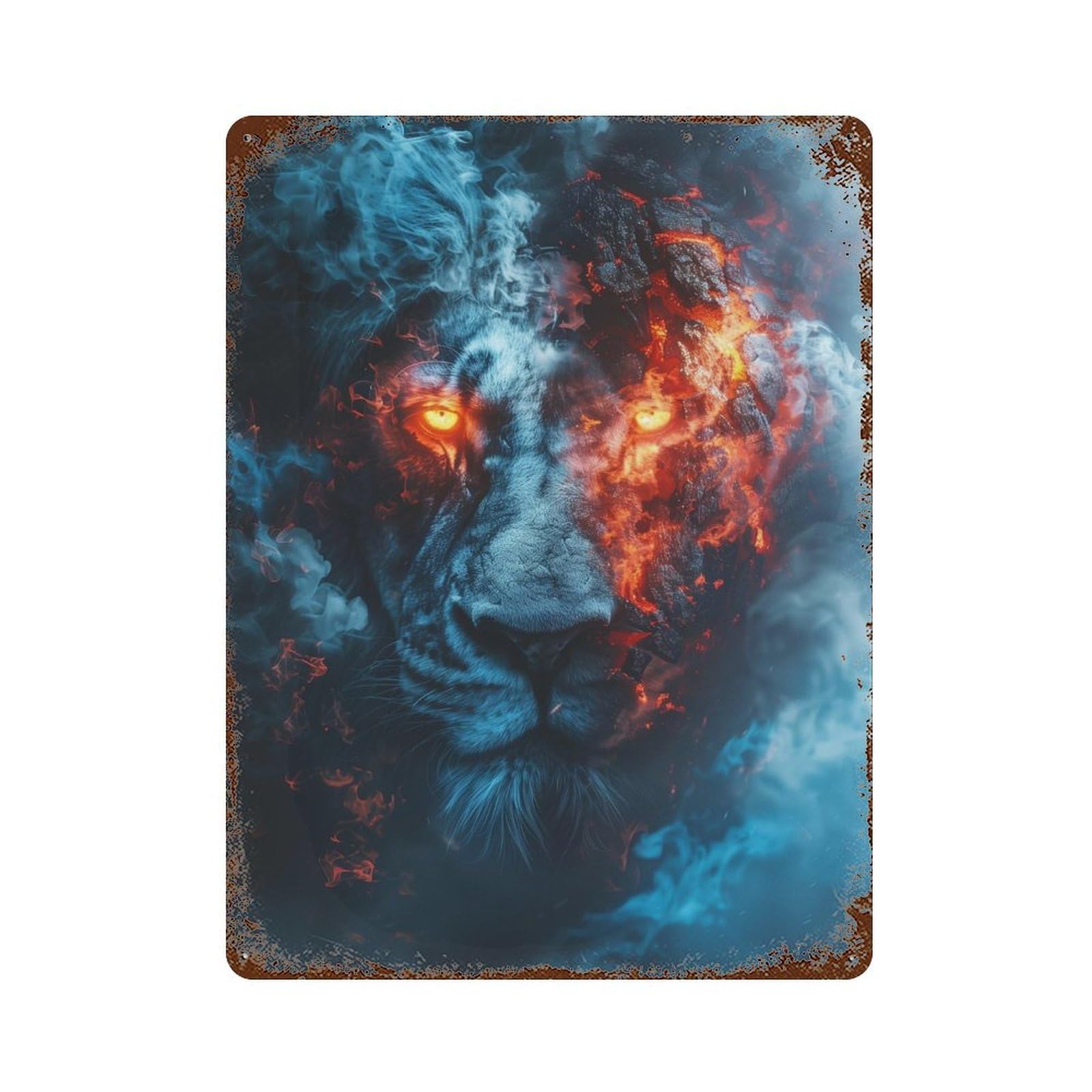 Lion Fire Smoke Artwork Rust Effect Tin Sign 15.7"x11.8", Farmhouse Wall Decor for Living Room, Hallway And Home Decor