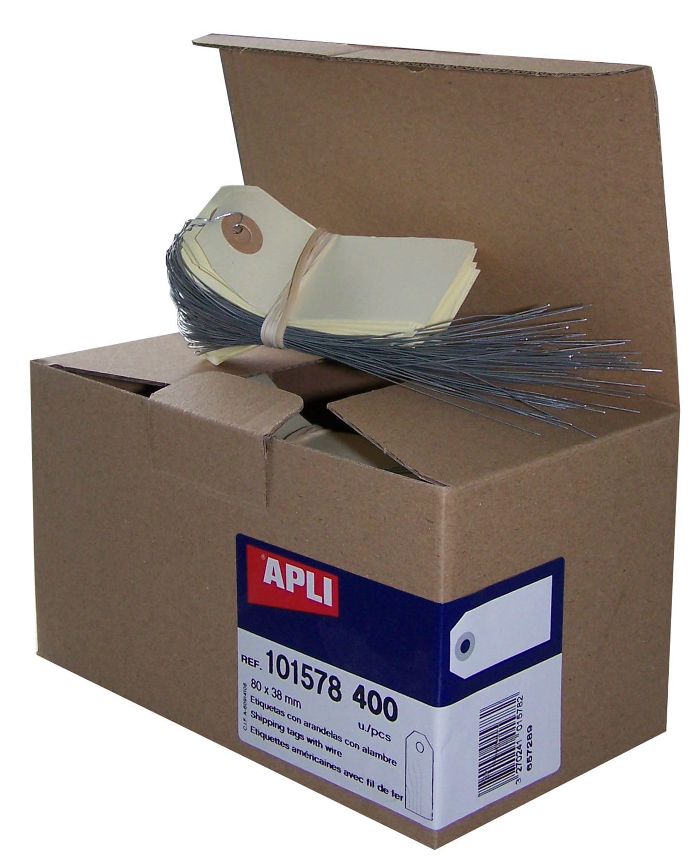 Apli 101578 - Étiquettes américaines crème 80x38 mm avec œillet + fil de fer - 400 pièces - Carton bristol 160g/m² - Idéal pour artisanat, prix, mariage, stockage, pressing.
